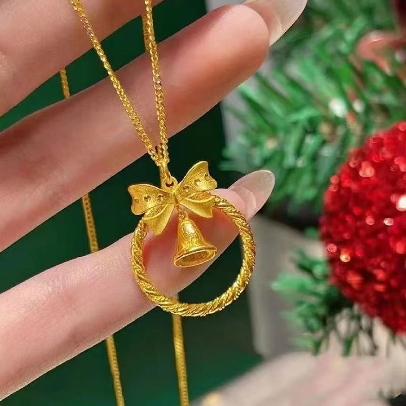 Sand Gold Bow Bell Necklace-沙金蝴蝶结铃铛项链