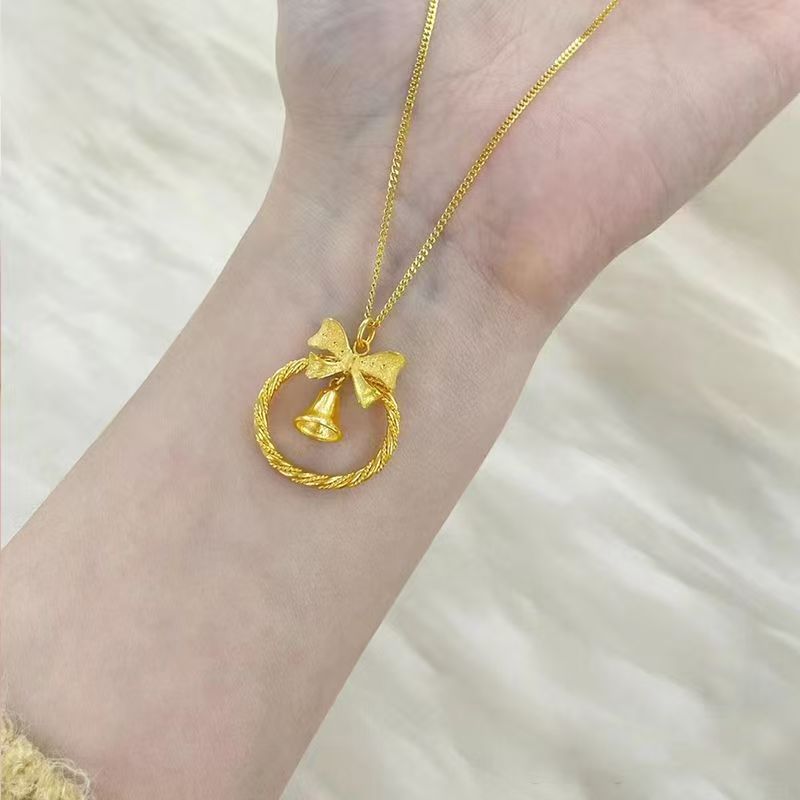Sand Gold Bow Bell Necklace-沙金蝴蝶结铃铛项链