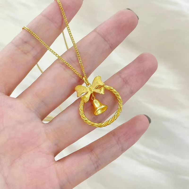 Sand Gold Bow Bell Necklace-沙金蝴蝶结铃铛项链