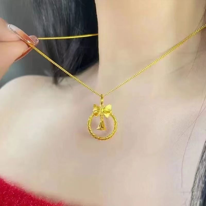 Sand Gold Bow Bell Necklace-沙金蝴蝶结铃铛项链