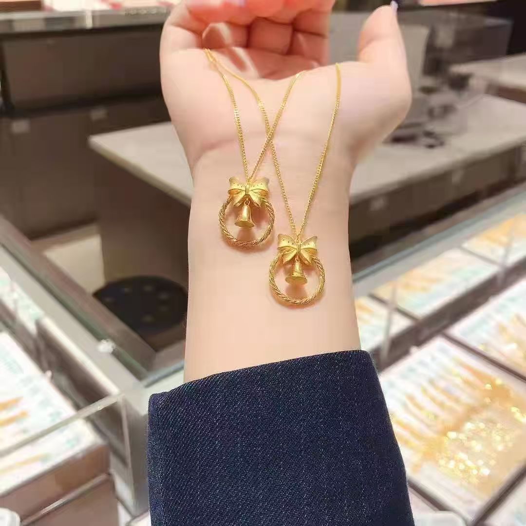 Sand Gold Bow Bell Necklace-沙金蝴蝶结铃铛项链