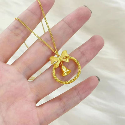 Sand Gold Bow Bell Necklace-沙金蝴蝶结铃铛项链