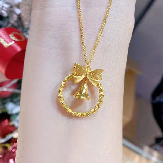 Sand Gold Bow Bell Necklace-沙金蝴蝶结铃铛项链